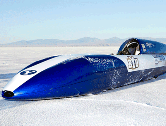 The FIA E-1 class racecar developed by Brigham Young University to set a world speed record for Electric Vehicles