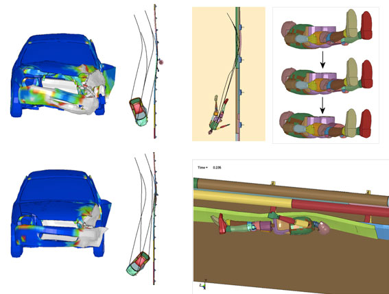 Comparison of total plastic strain and wheels trajectory with and without the motorcyclist protection system installed