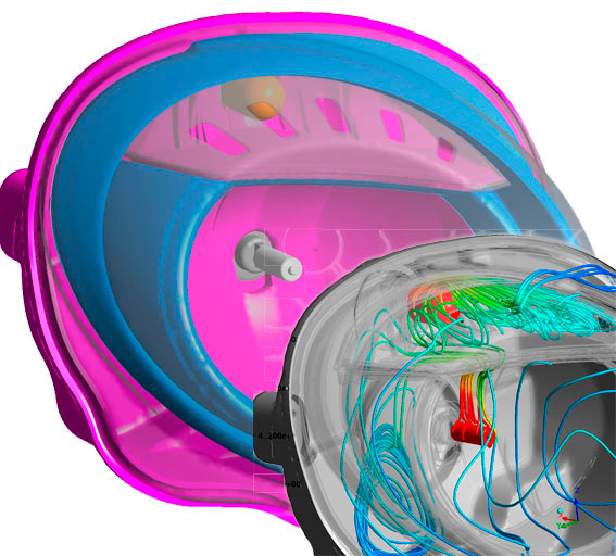 The headlamp CAD and FEM models and a close-up of its internal flow under operating conditions