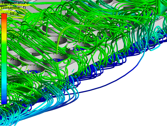 The air flow around the ACHE arrays <br>Close-up of the hot gas from the upstream turbines stacks, which does not interact with the ACHE arrays in the background