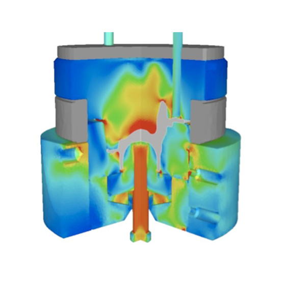 Forge - Fully coupled thermo-mechanical analysis between the part and the dies (6 dies with thermo-mechanical computation). Von Mises stress distribution is represented in the dies