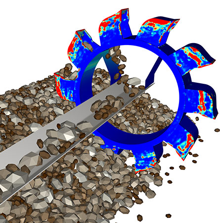 The loads estimated by Rocky DEM analyses are passed to Ansys Mechanical to predict the structural response, or 1-way coupling.